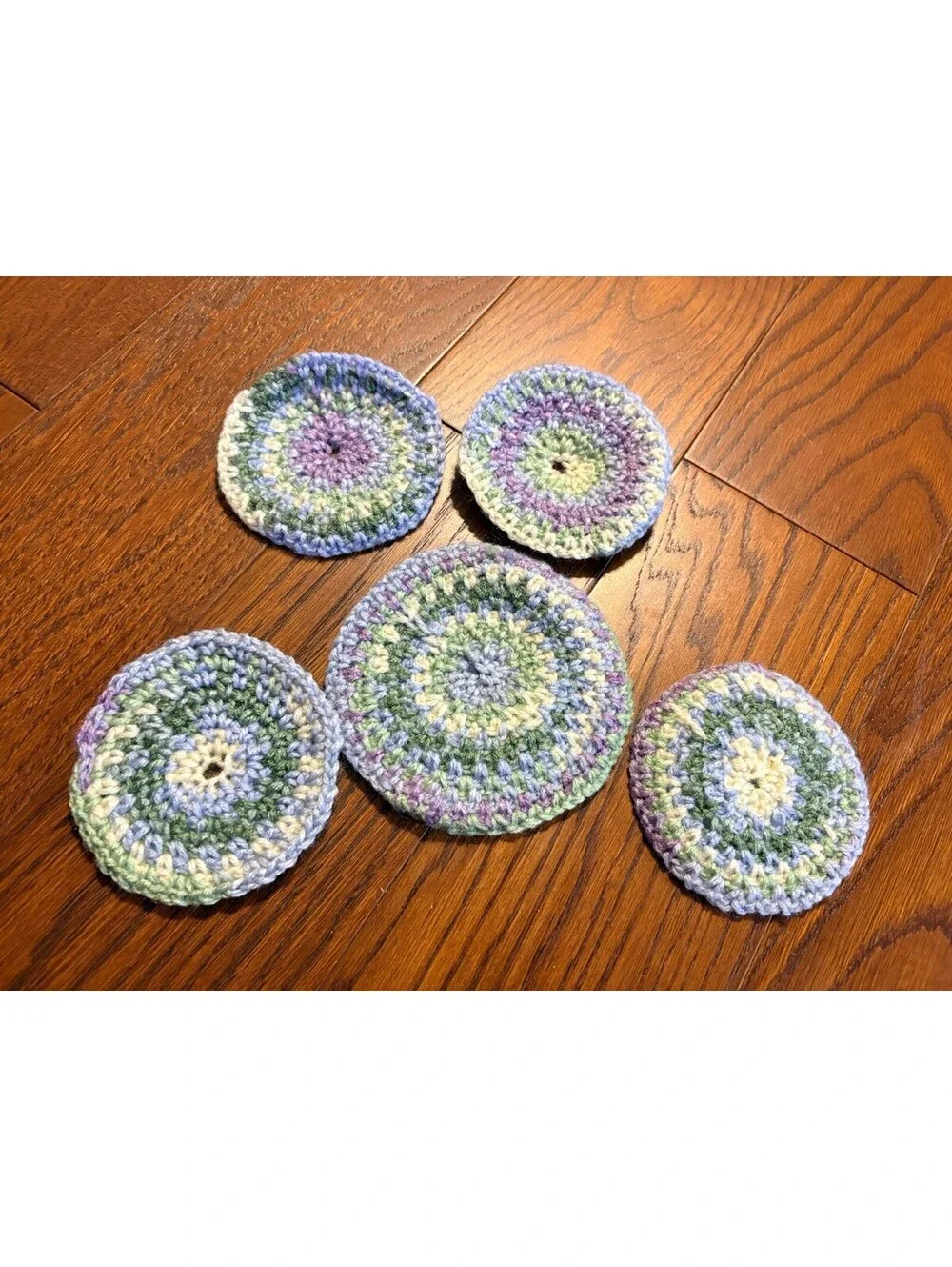 Crocheted Handmade Coasters Set Of 5 Purple Blue Green Cottagecore Vintage
